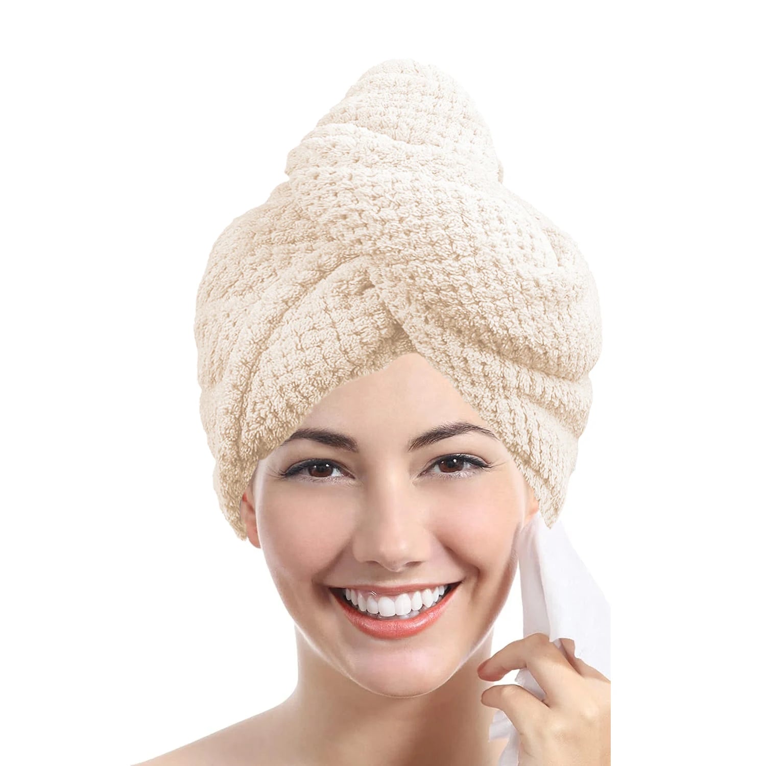 Solid color hair towel Textured dry hair cap 9.8 "X 25.5" absorbent hair towel wrap for button-down women | Color:Beige