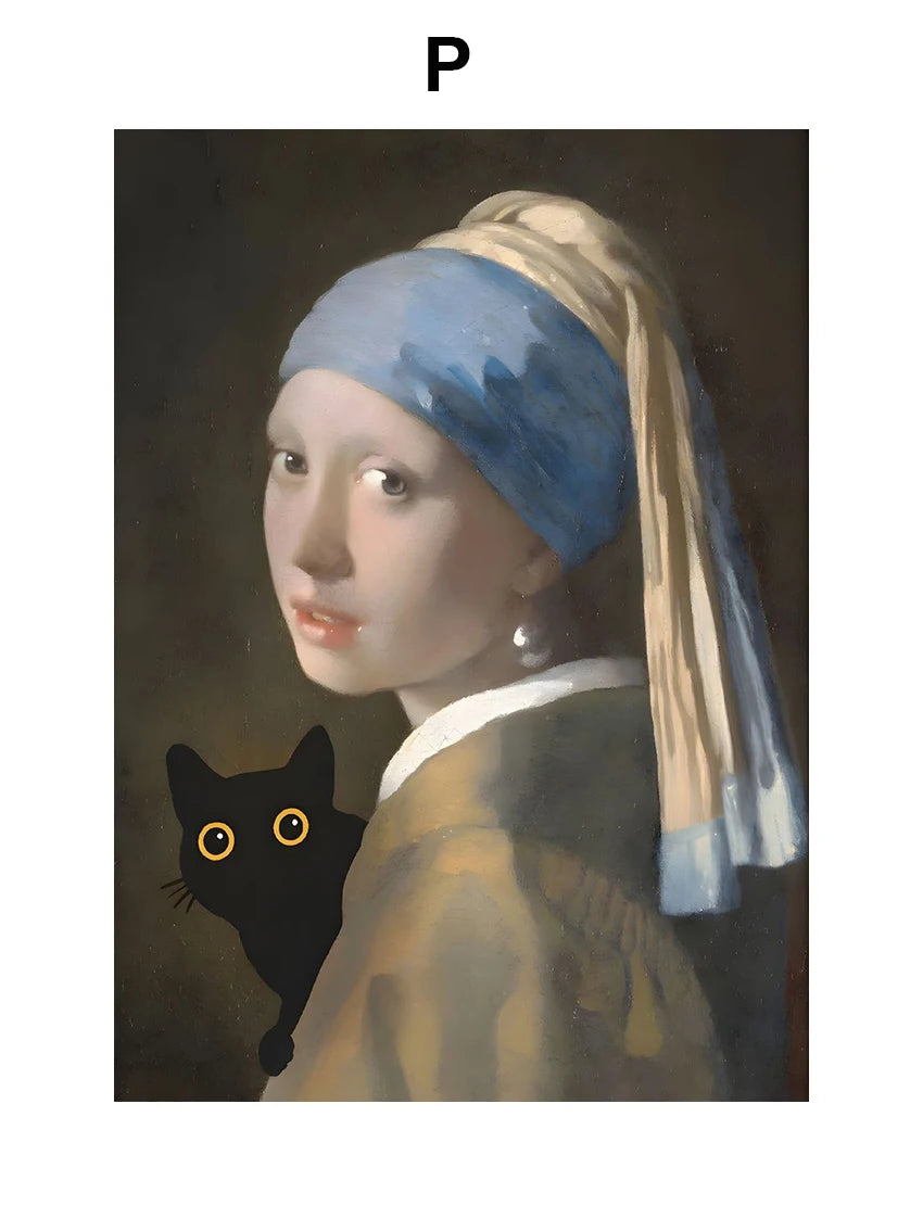 Funny Art Matisse Monet Black Cat Van Gogh Sunflowers Canvas Painting Posters and Prints Wall Pictures for Living Room Decor | Color:P