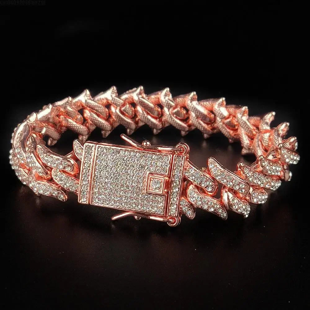 Luxury Designer Thorn Cat Dog Collars Bling Diamondd Cuban Chain Dogs Necklace Gold Silver Biocolor Pet Jewelry Accessories 16mm | Color:rose gold