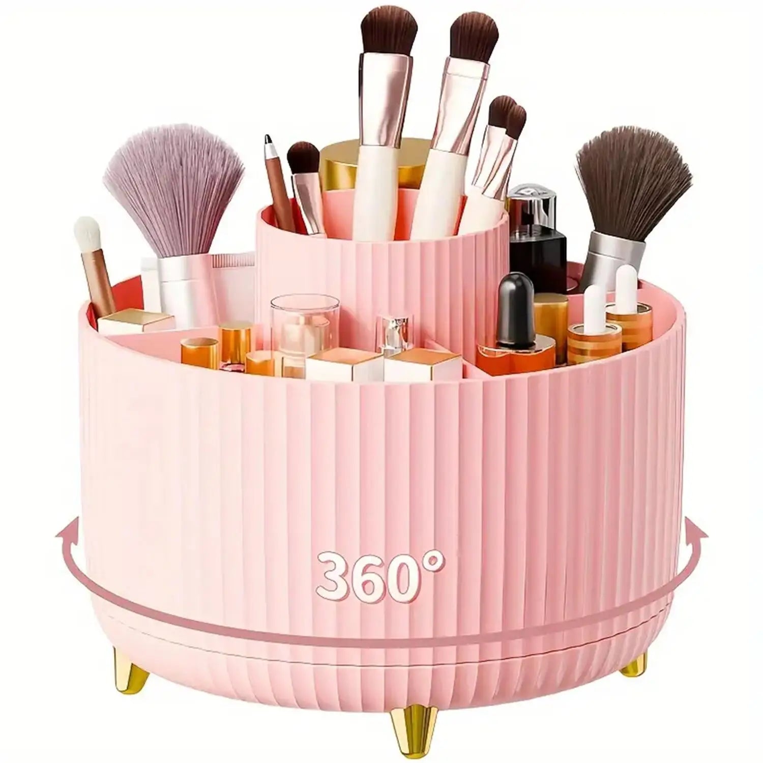 360° Rotating Makeup Organizer - 1pc Plastic Cosmetic Storage with 5 Compartments - Multi-Functional Holder for Brushes | Color:Pink