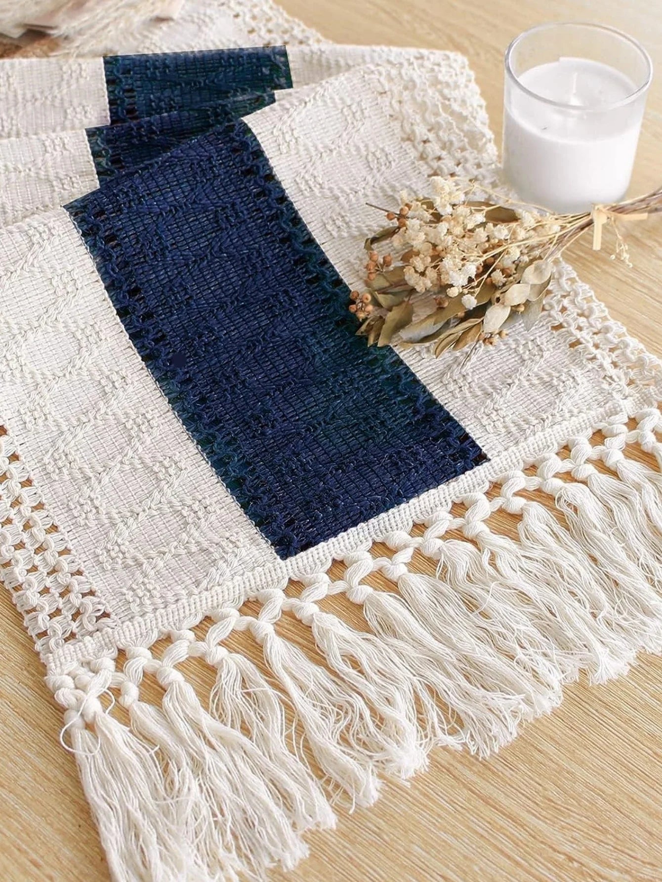 Blue Table Runner Handmade Hemstitch Boho Table Runner Or Dresser Scarf,Classic Table Runner with Tassels for Dining Table Decor | 0