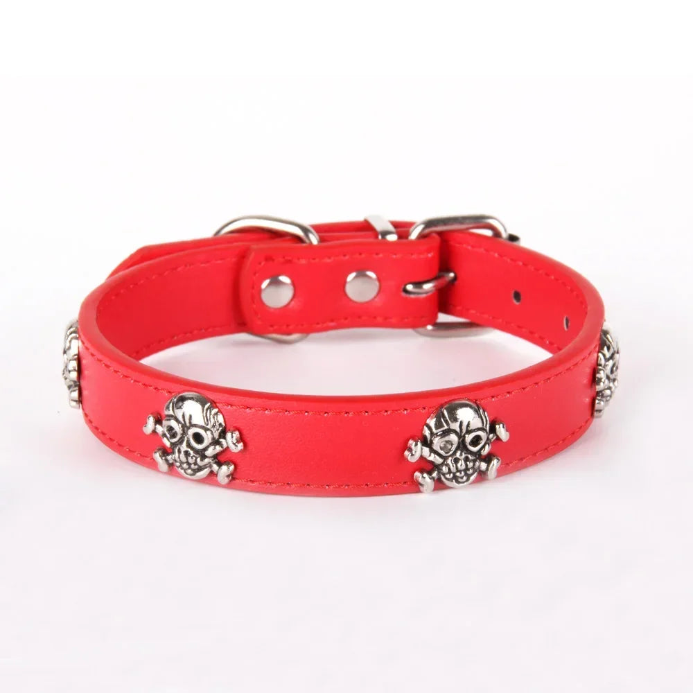 I Have Date With Pet Leather Skull Dog Accessories Dog Collar Personalized Cat Strap for Small Medium Dogs Red Blue Pet Supplies | Color:Red
