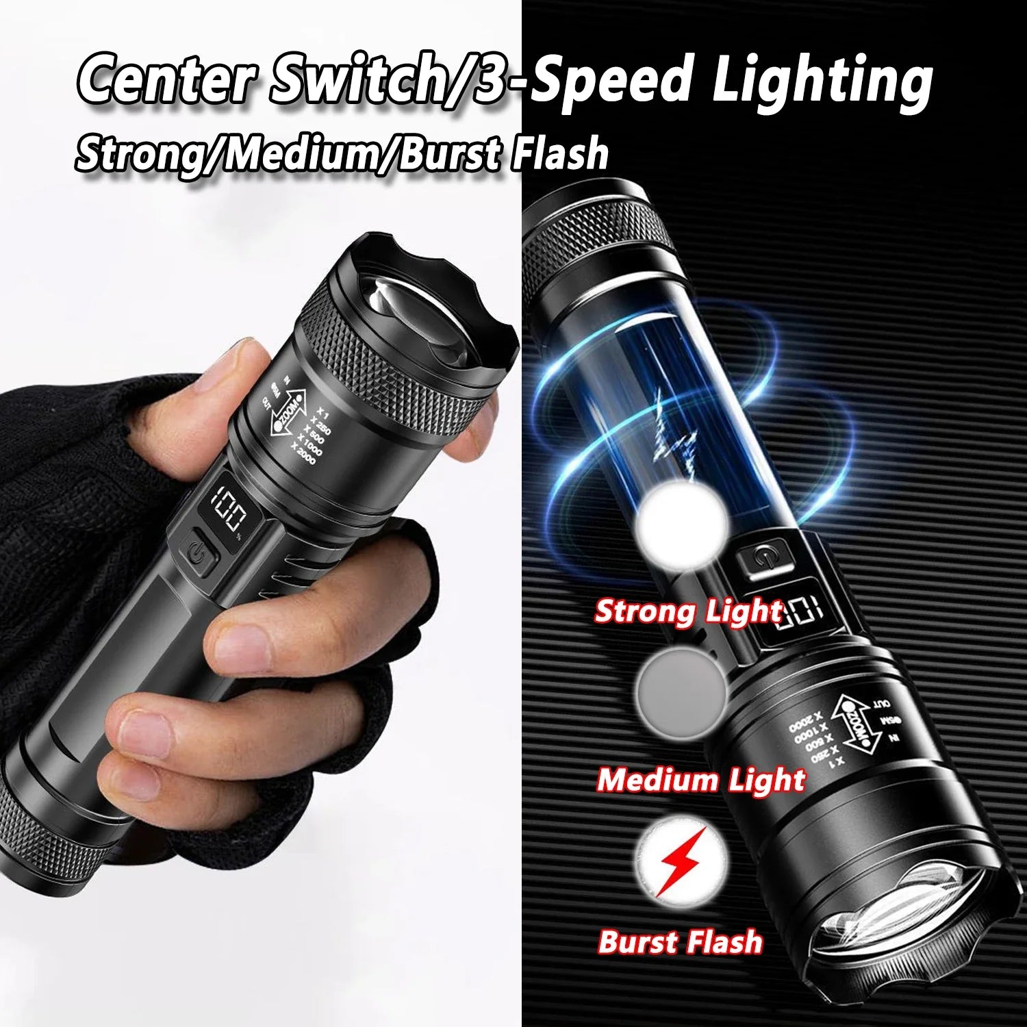 Rechargeable LED Flashlight Zoomable Torch with LCD Display 3 Modes Waterproof High Power Hand Light Outdoor Wilderness Camping | 3