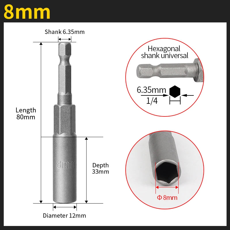 Length Deepen Impact Socket Adapter 5.5-19mm Power Nut Driver Socket Set 1/4-inch Hex Shank Screwdriver Key Head Hand Tool Set | Color:8mm