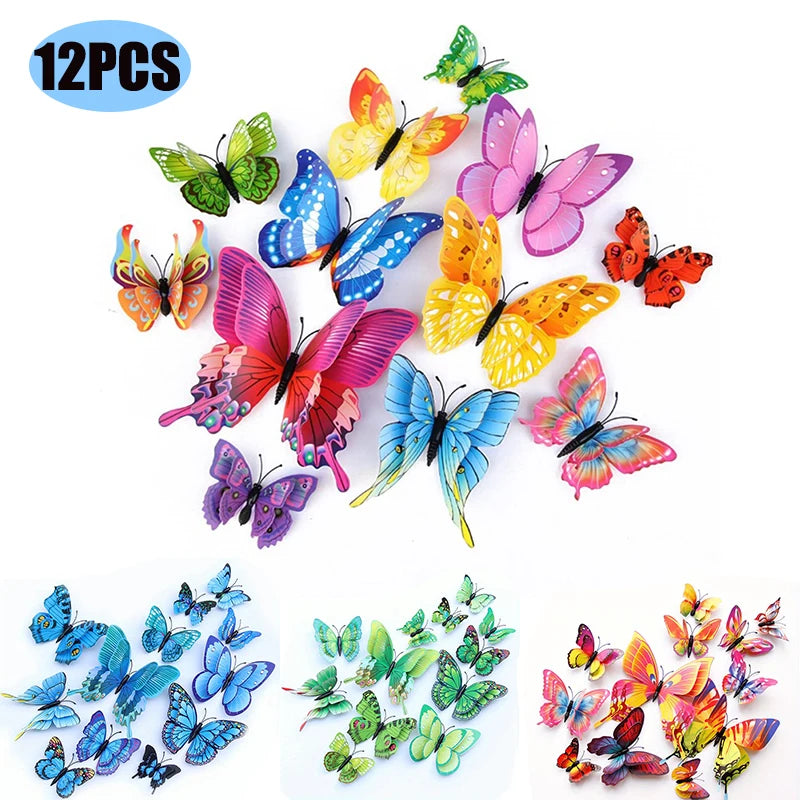 12pcs 3D Double Layer Butterflies Wall Stickers Living Room Decor Wedding Kids Room Decoration DIY Wall Art Magnet Stickers | 0