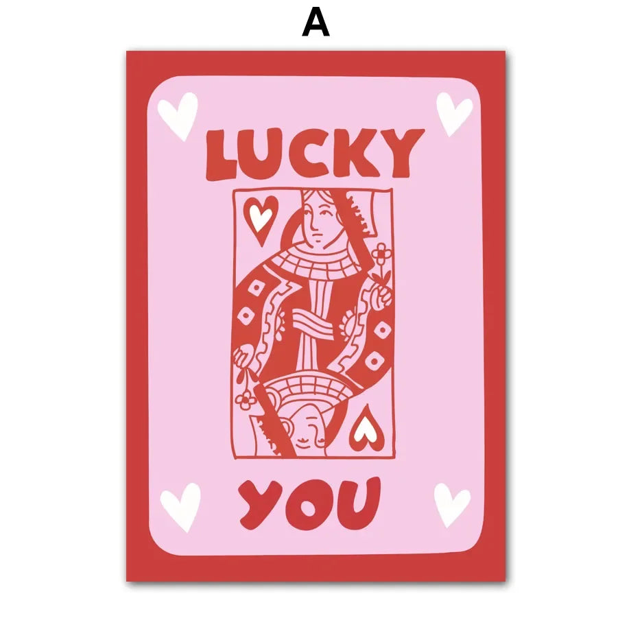Pink Lucky Poker Queen Heart Dice Match Pop Y2k Art Living Room Home Decor Pastel Poster And Print Boho Wall Art Canvas Painting | Color:A