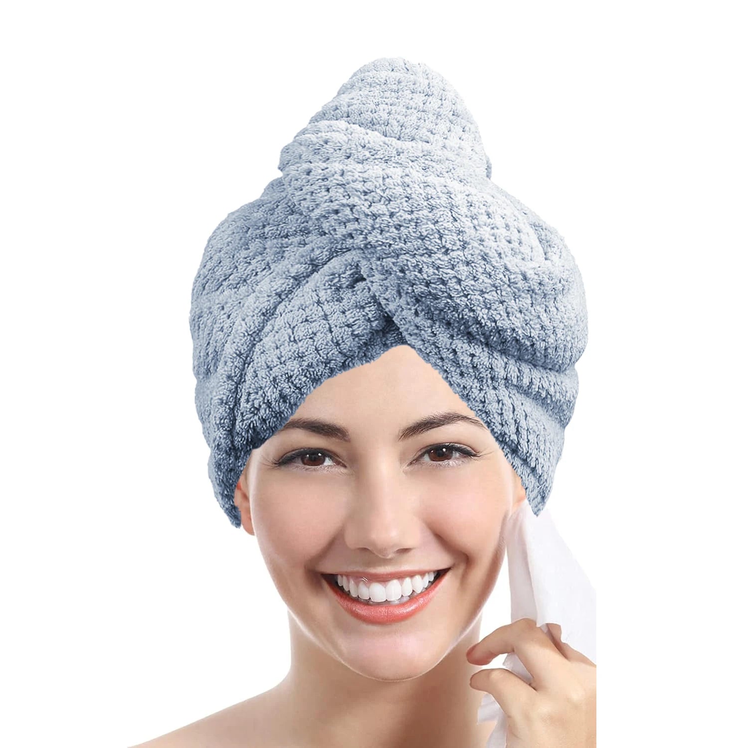 Solid color hair towel Textured dry hair cap 9.8 "X 25.5" absorbent hair towel wrap for button-down women | Color:Blue