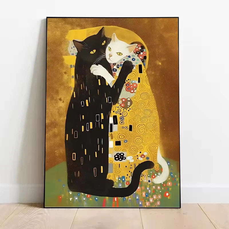 Cat Kitty Klimt Kiss Canvas Poster Vintage Creative Parody Style Print Wall Art Pictures Painting Living Room Home Decoration | 0