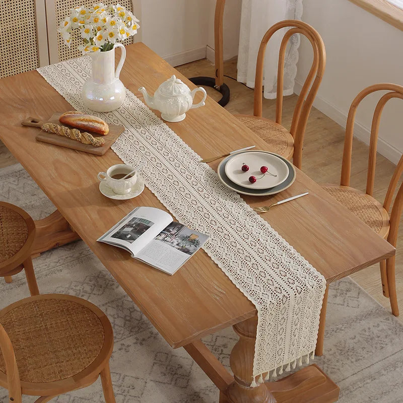 Boho Beige Table Runner, Vintage Farmhouse Bohemian Crochet Macrame Table Runner for Wedding Party Coffee Dining Table Decor | 5