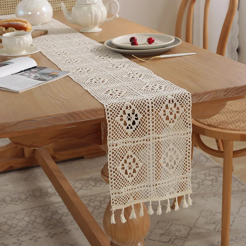 Boho Beige Table Runner, Vintage Farmhouse Bohemian Crochet Macrame Table Runner for Wedding Party Coffee Dining Table Decor | 4