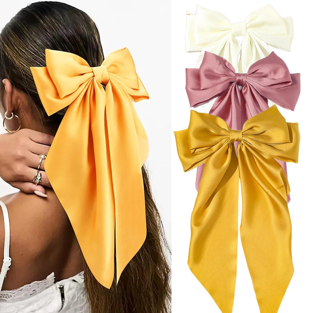 Korean Accessories Hair Clips for Women Girls Big Bowknot Solid Satin Long Ribbon Bows Spring Clamp Barette Cheveux Femme 2023 | Color:S8-3PCS