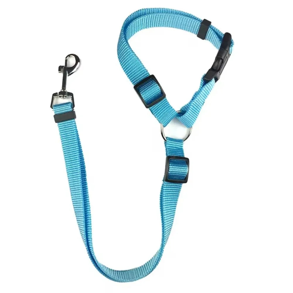 Solid Color Two-in-one Pet Car Seat Belt Nylon Lead Leash Backseat Safety Belt Adjustable Dogs Harness Collar Pet Accessories | Color:Sky Blue