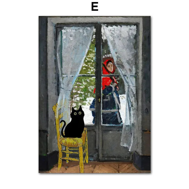 Funny Art Matisse Monet Black Cat Van Gogh Sunflowers Canvas Painting Posters and Prints Wall Pictures for Living Room Decor | Color:E