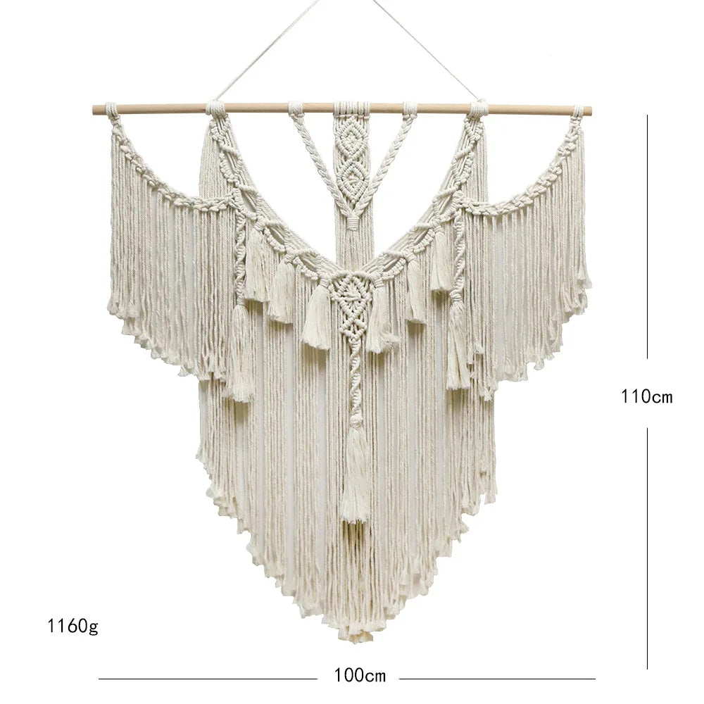Large Macrame Wall Hanging Tapestry with Wooden Stick Hand-Woven Bohemia Tassel Curtain Tapestry Wedding Backgrou Boho Decor | Color:Z132