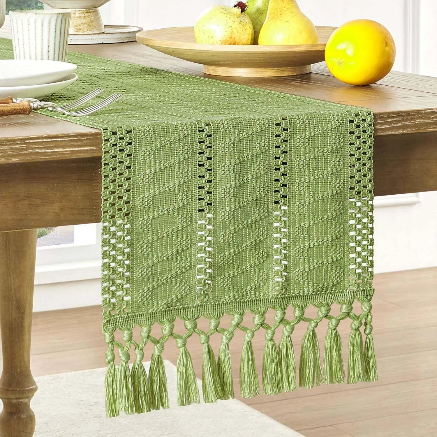 Macrame Style Boho Table Runner, Dresser Runner Cover Top,Ivory Table Runners for Living Room Kitchen Farmhouse Woven Home Decor | Color:Green