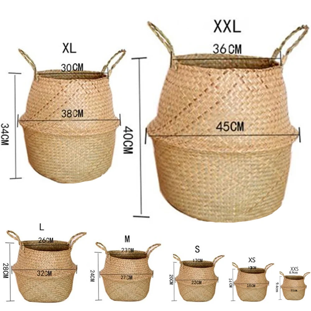 Seagrass Rattan Basket Foldable Wicker Organizer Handmade Plant Pot Laundry Bin Decorative Boho Style for Garden Home Decor | 0