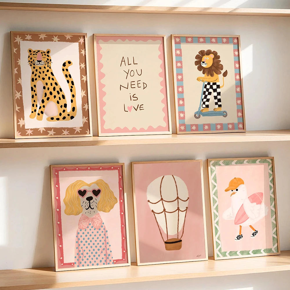 Fashion Dog Lion Leopard Surfer Seagull Poster Animal Wall Art Kids Room Decor Boho Nursery Print Safari Montessori Illustration | 0