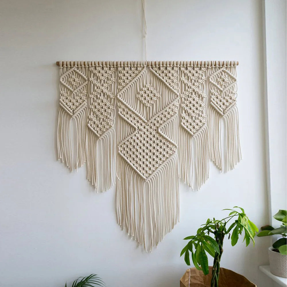 Large Macrame Wall Hanging Tapestry with Wooden Stick Hand-Woven Bohemia Tassel Curtain Tapestry Wedding Backgrou Boho Decor | 0
