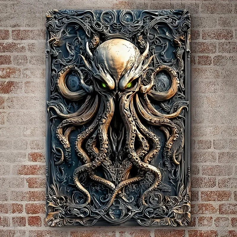 Boho Style Cthulhu Metal Wall Art, Aluminum Hanging Sign, 2D Flat Printed Home Decor, Door Wall Accent for Living Room | 0