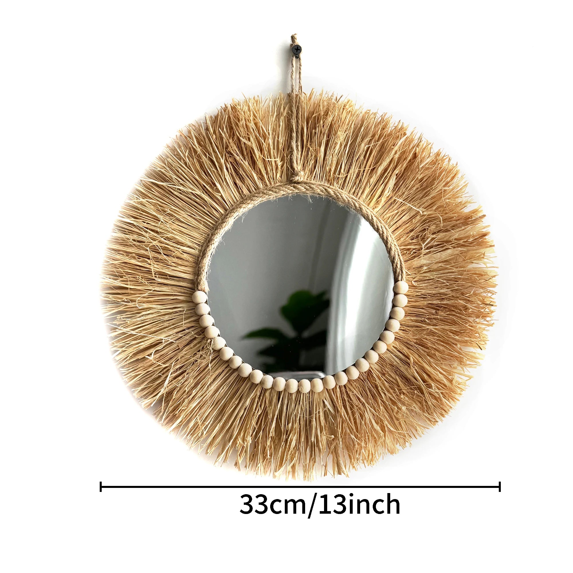 Handmade Boho Raffia Mirror Wall Hanging Decor Rustic  Boho Circle Acrylic Mirrors with Wood Bead Farmhouse Aesthetic Nursery | 4