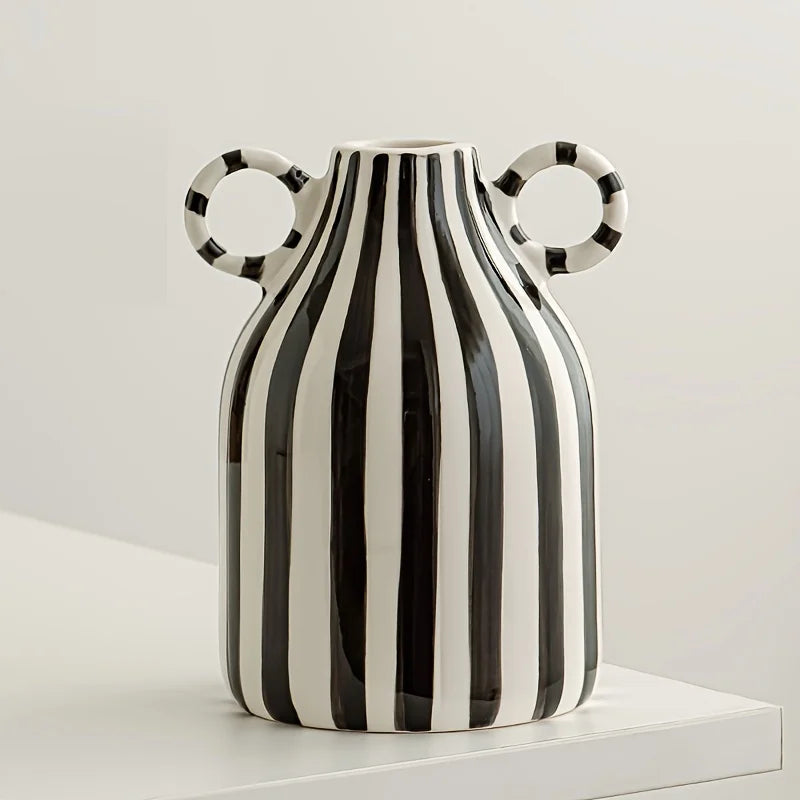 Hand-Painted Ceramic Vase with Dual Handles - Striped, Cylinder Design for Living Room Decor, Earthenware, Decorative Ornaments | Color:black