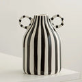 Hand-Painted Ceramic Vase with Dual Handles - Striped, Cylinder Design for Living Room Decor, Earthenware, Decorative Ornaments | Color:black