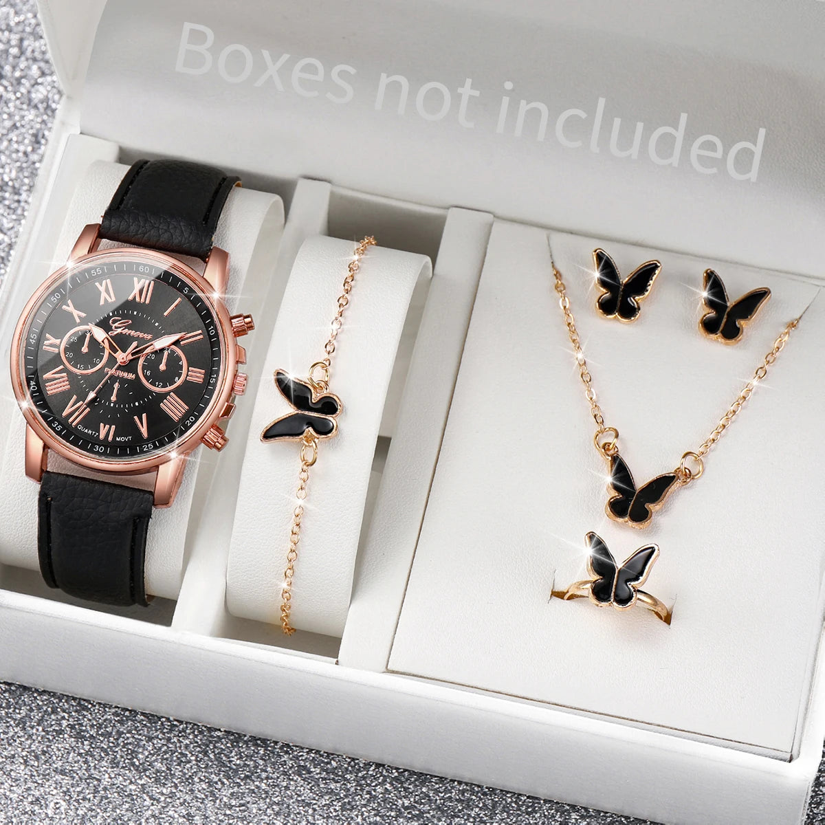 5/6PCS Fashion Women's Quartz Watch Leather Band Analog Wrist Watches Heart Rhinestone Jewelry Set(Without Box) | Color:B Without Box
