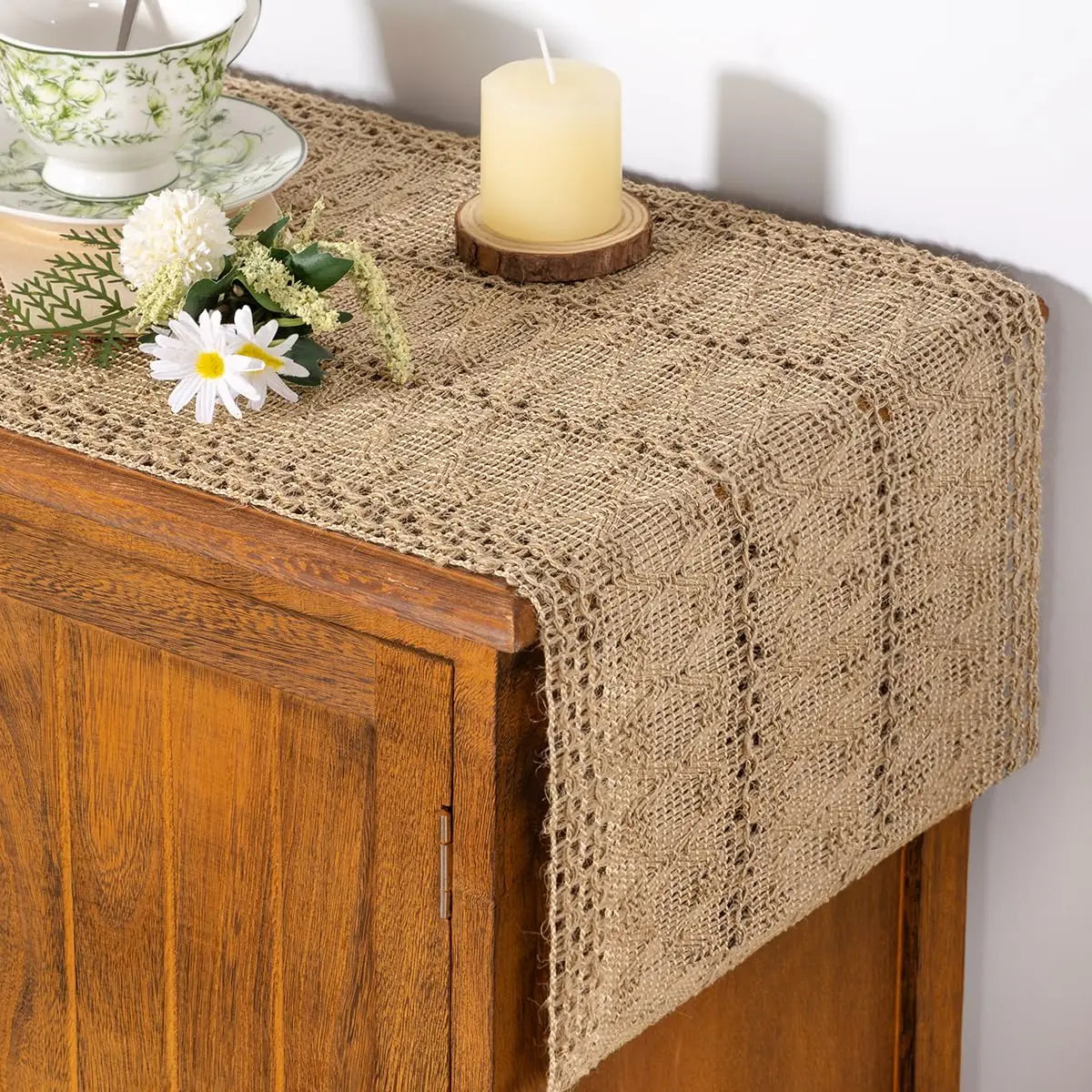 Burlap Table Runner Boho Rustic Macrame Spring Easter Jute Vintage Farmhouse Small Coffee Table Dresser Scarf for Home Decor | 0
