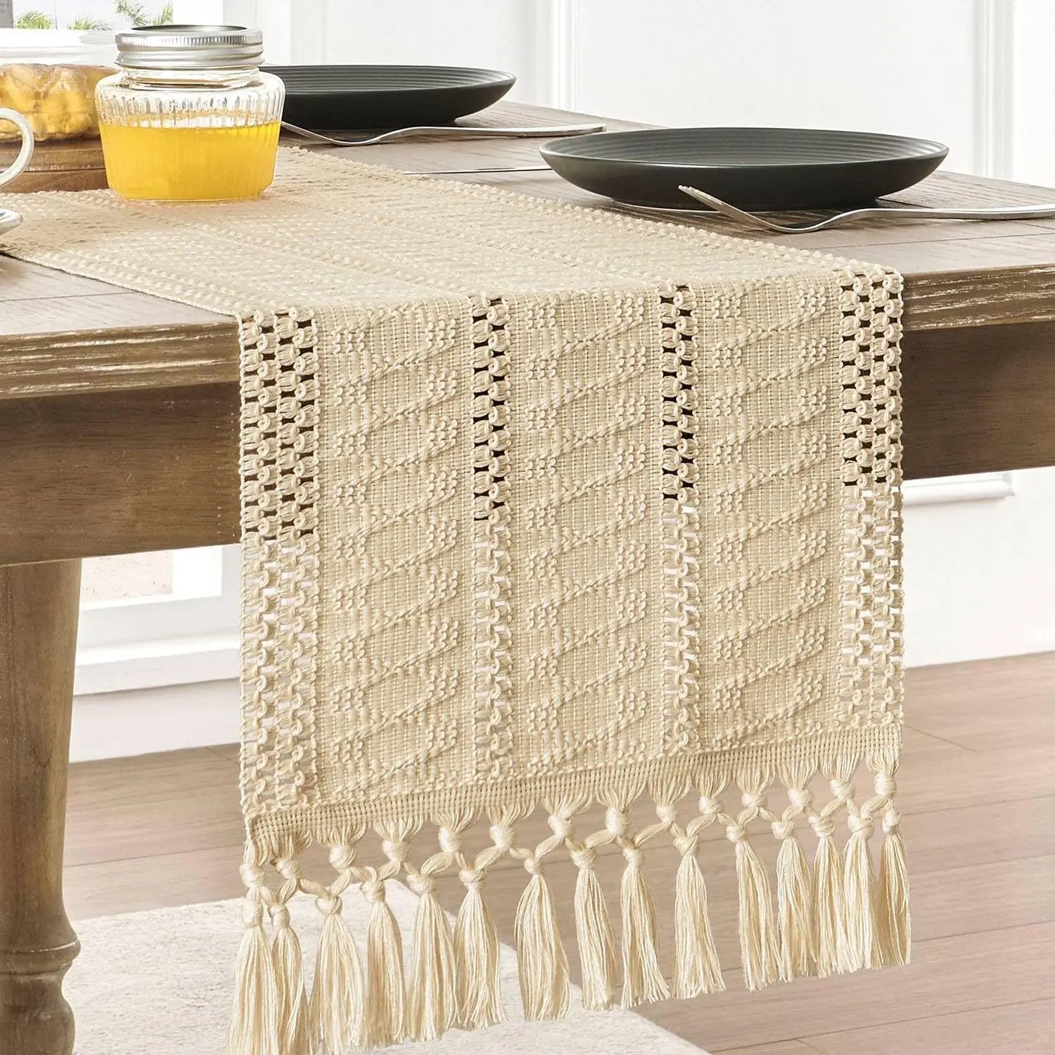 Macrame Style Boho Table Runner, Dresser Runner Cover Top,Ivory Table Runners for Living Room Kitchen Farmhouse Woven Home Decor | Color:Beige