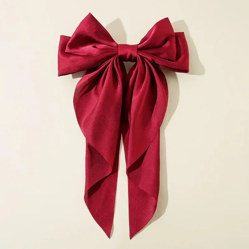 Korean Accessories Hair Clips for Women Girls Big Bowknot Solid Satin Long Ribbon Bows Spring Clamp Barette Cheveux Femme 2023 | Color:Red