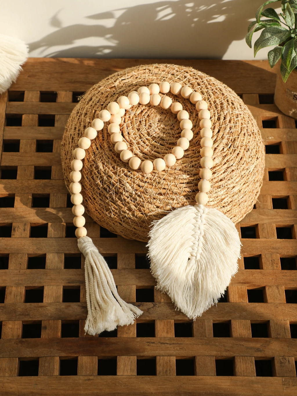 Wood Bead Rope Macrame Leaf Wall Hanging Home Decor Rustic Tassel Wall Decor Handmade Room Ornament Boho Home Decoration Gift | Color:Macrame BS421