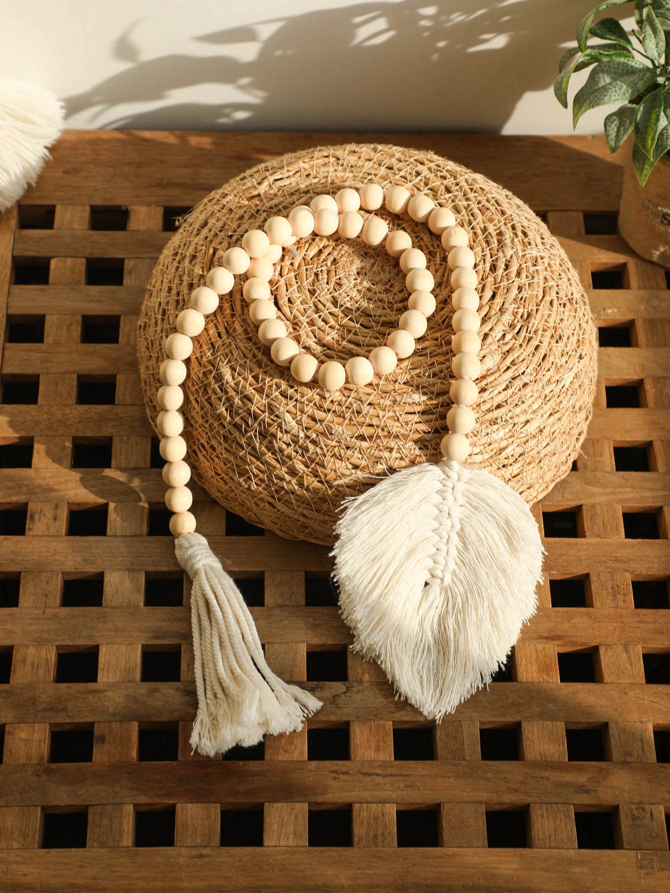 Wood Bead Rope Macrame Leaf Wall Hanging Home Decor Rustic Tassel Wall Decor Handmade Room Ornament Boho Home Decoration Gift | Color:Macrame BS421