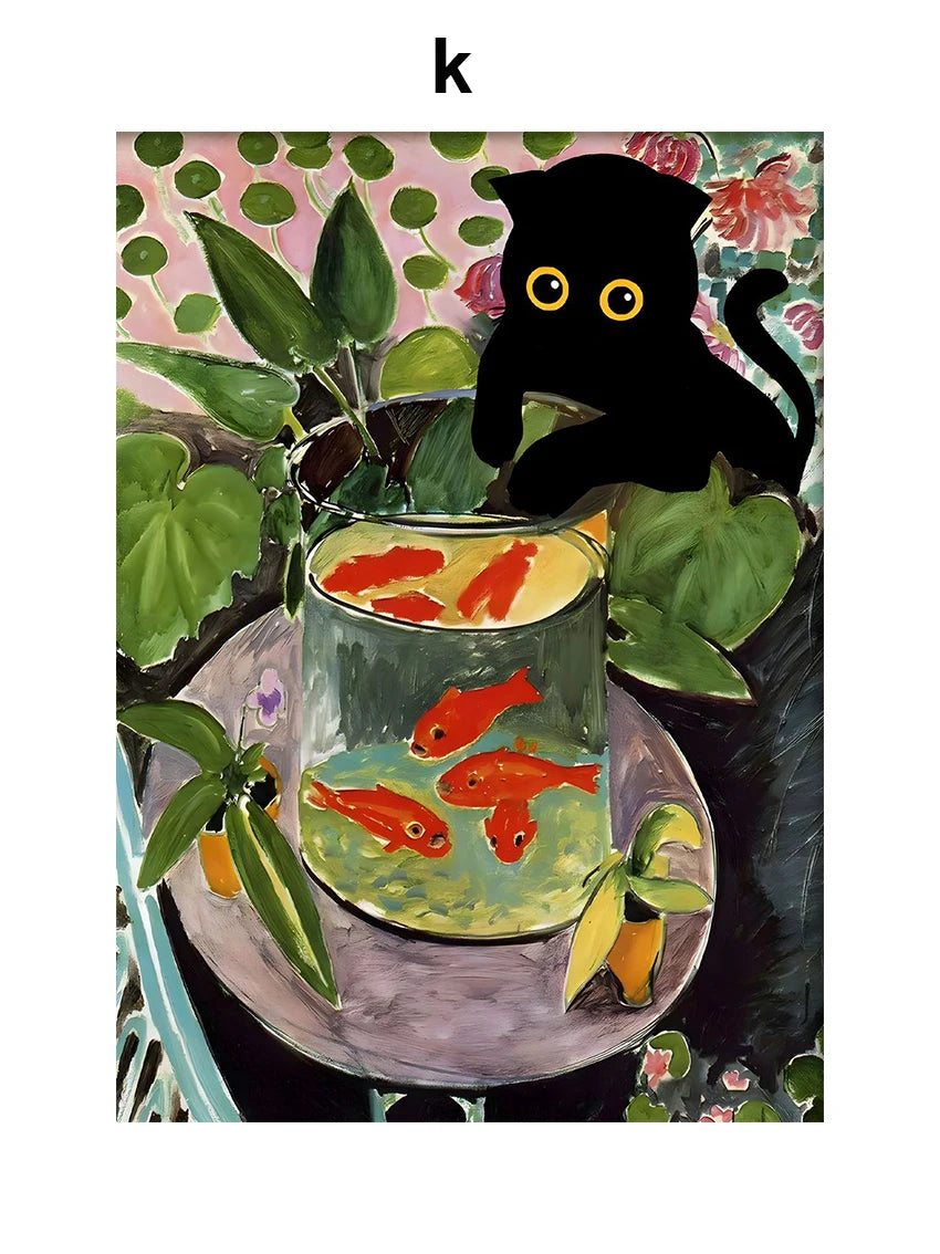 Funny Art Matisse Monet Black Cat Van Gogh Sunflowers Canvas Painting Posters and Prints Wall Pictures for Living Room Decor | Color:K