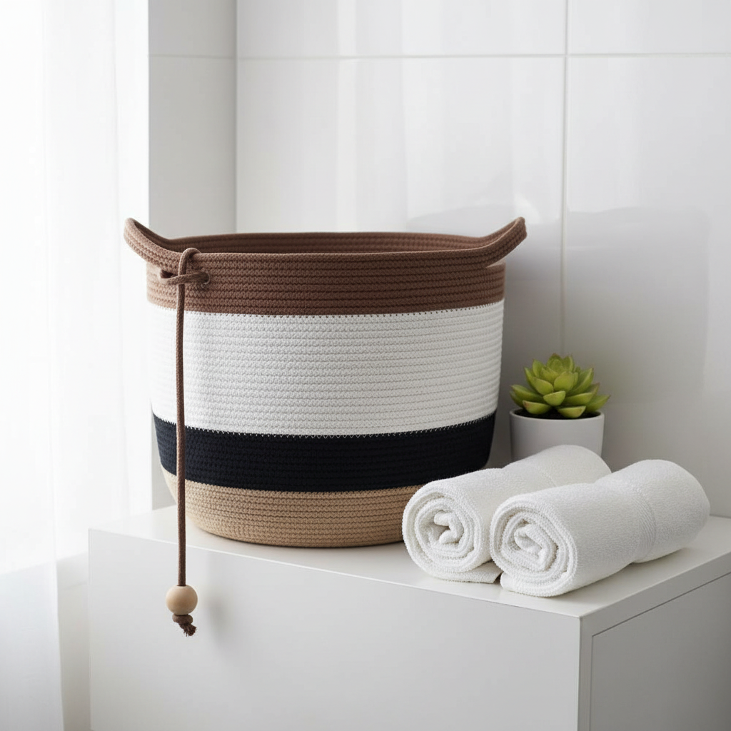 Kosz ze sznurka z rączkami — zdjęcie lifestyle w łazience
